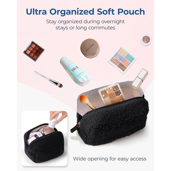 BAGSMART Women Winter Sherpa Warm Soft Puffy Cosmetic Pouch Compact Make Up Bag - Picture 2 of 7